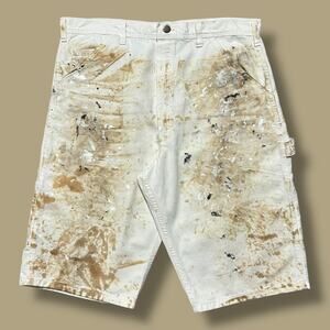 Vintage Painter Shorts White Canvas Workwear 80s 90s Thrashed Paint Splatter 35